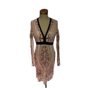 FOREVER UNIQUE 10 Dress, Long Sleeve, Plunging, Pink Gold Sequins NWT Homecoming